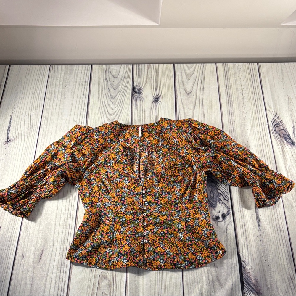Free People Black Floral Button-Front Blouse with Orange & Pink Flowers - Picture 8 of 13
